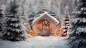 Fairy winter landscape with fir trees and snowfall. Fantastic winter landscape with glowing wooden cabin decorated with