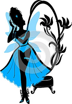 Fairy woman in chic lingerie vector illustration. Beautiful lady stand near mirror with flowers.
