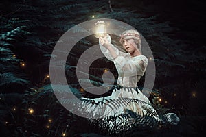 Fairy woman hunting fireflies