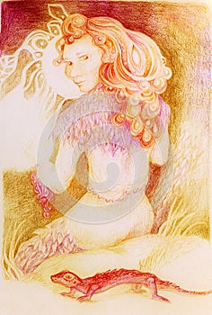 Fairy woman knitting from sun ray threads, detailed ornamental drawing