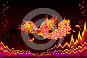 Fairyland bird flying between flame waves in fairy tale kingdom. Fantastic illustration for kids book cover. photo