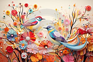 Fairytale abstraction using bright flowers and colorful birds