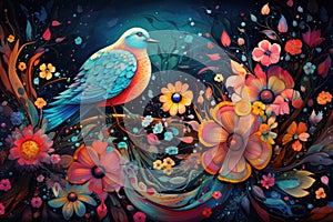 Fairytale abstraction using bright flowers and colorful birds