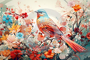 Fairytale abstraction using bright flowers and colorful birds