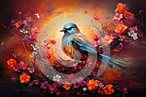 Fairytale abstraction using bright flowers and colorful birds