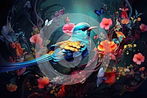 Fairytale abstraction using bright flowers and colorful birds