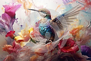 Fairytale abstraction using bright flowers and colorful birds