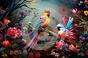 Fairytale abstraction using bright flowers and colorful birds