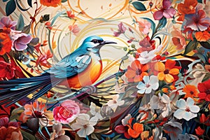 Fairytale abstraction using bright flowers and colorful birds