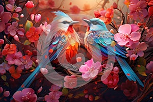 Fairytale abstraction using bright flowers and colorful birds