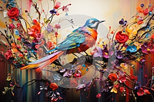 Fairytale abstraction using bright flowers and colorful birds