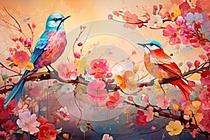 Fairytale abstraction using bright flowers and colorful birds