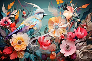 Fairytale abstraction using bright flowers and colorful birds