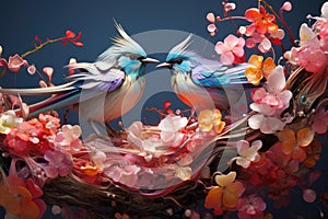 Fairytale abstraction using bright flowers and colorful birds