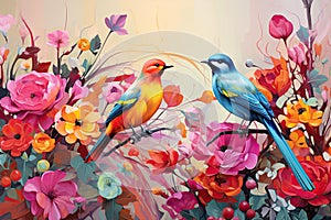 Fairytale abstraction using bright flowers and colorful birds