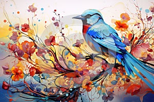 Fairytale abstraction using bright flowers and colorful birds