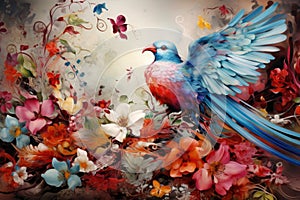 Fairytale abstraction using bright flowers and colorful birds