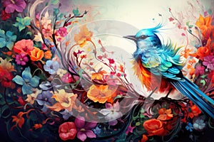 Fairytale abstraction using bright flowers and colorful birds