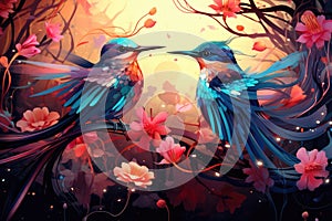 Fairytale abstraction using bright flowers and colorful birds