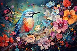 Fairytale abstraction using bright flowers and colorful birds