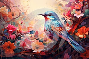 Fairytale abstraction using bright flowers and colorful birds