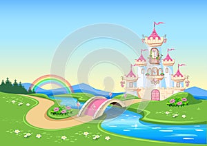 Fairytale background with beautiful princess pink castle