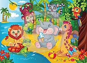 Fairytale background for children wallpaper. Cartoon illustration for sticker, puzzles. Fabulous African landscape. Magic jungle.