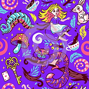 Fairytale background with cute cartoon characters from Alice in wonderland