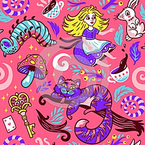 Fairytale background with cute cartoon characters from Alice in wonderland