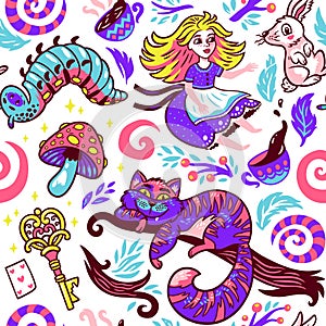 Fairytale background with cute cartoon characters from Alice in wonderland