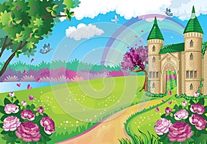 Fairytale background with flower meadow. Princess castle and rainbow. Fabulous landscape. Beautiful Park. Children illustration.