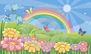 Fairytale background with flower meadow and rainbow. Fabulous landscape with daisies, bluebells and butterflies. Magic nature.