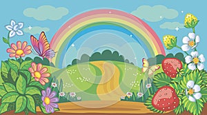 Fairytale background with flower meadow, road and rainbow. Countryside or farm. Fabulous forest landscape. Bush strawberries.