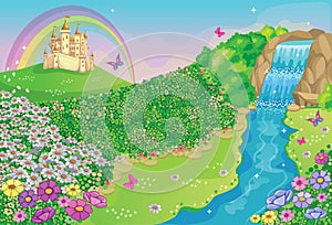 Fairytale background with flower meadow, waterfall and river. Wonderland. Cartoon, children`s illustration. Princess`s castle.