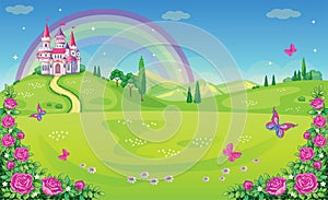 Fairytale background with flower meadow. Wonderland. Cartoon, children`s illustration. Princess`s castle and rainbow. Vector. photo