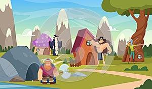 Fairytale background. Funny cartoon houses beautiful fantasy world with creatures castles vector cartoon landscape