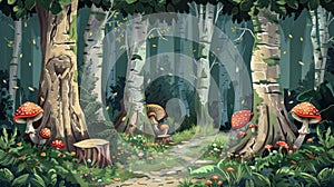 Fairytale background with magic forest, trees, mushroom, illustration for children book, AI generated