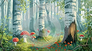 Fairytale background with magic forest, trees, mushroom, illustration for children book, AI generated
