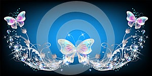 Fairytale background with magical blue butterflies and bubbles, flowers ornate and stars. Fantasy sparkle frame consists of