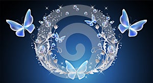 Fairytale background with magical blue butterflies and bubbles, flowers ornate and stars. Fantasy sparkle frame consists of