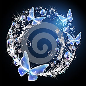 Fairytale background with magical butterflies and bubbles, floral ornament and sparkling stars. Round fantasy frame consists of