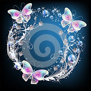 Fairytale background with magical butterflies and bubbles, floral ornament and sparkling stars. Round fantasy frame consists of