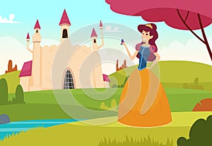 Fairytale background. Pretty young princess outdoor magic castle vector fantasy concept
