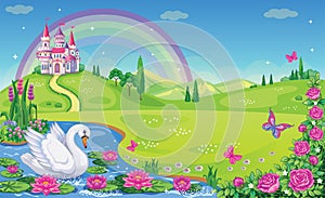 Fairytale background with river, flower meadow, roses, mountains, rainbow and castle for Princess. Magical landscape with park.