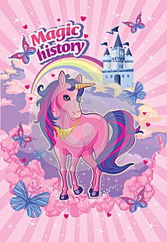 Fairytale background with unicorn, rainbow and Princess castle. Fabulous landscape with horse or pony. Children`s illustration..