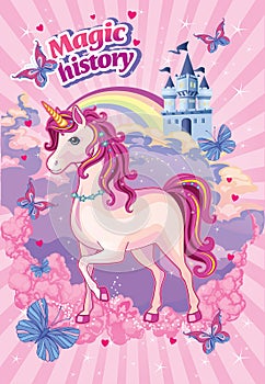 Fairytale background with unicorn, rainbow and Princess castle. Fabulous landscape with horse or pony. Children`s illustration..