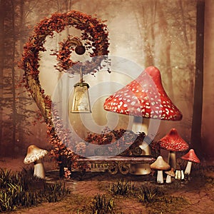 Fairytale bench and mushrooms