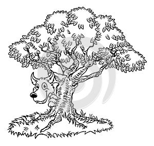 Fairytale Big Bad Wolf and Tree Cartoon