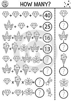 Fairytale black and white how many crystals game, equation or rebus. Unicorn line math activity. Magic world printable counting