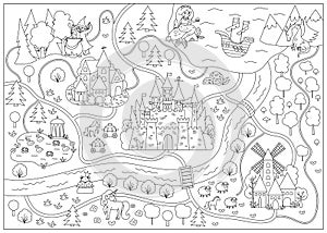 Fairytale black and white kingdom map. Medieval village line background. Vector fairy tale castle infographic elements with sea,